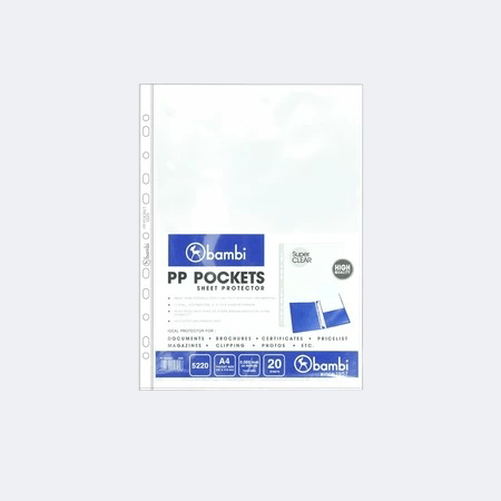 5220 Bambi Document Pocket Sheet Protector A4 Isi 20 Lembar Ketebalan 0.065 mm Tipe Transparent Sleeve Original - Gambar 1