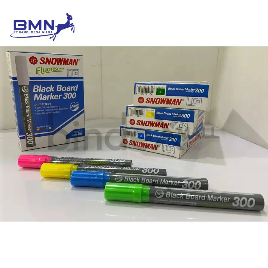300 T Snowman Spidol Papan Tulis Hitam 300T Chisel Tip Ujung Pipih Black Board Marker Original
